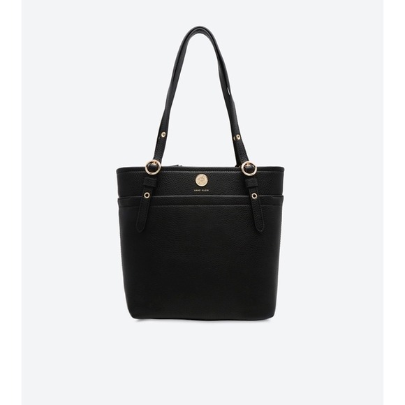 Anne Klein Black Pebble Leather Pocket Tote Bag Gold Hardware - Picture 2 of 10